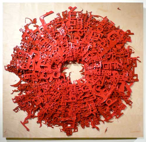 Wavelength range of roughly 630–740 nm #1, 2010 Red in English, Hebrew, Arabic, Yiddish and Spanish Silicone on wood 40 x 40 inch / 100 x 100 cm