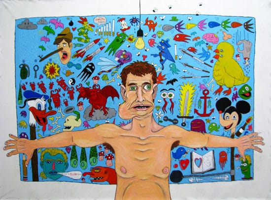 אדר אבירם, מגן אנושי, 2012, אקריליק, עיפרון וצבעי פנדה על בד 