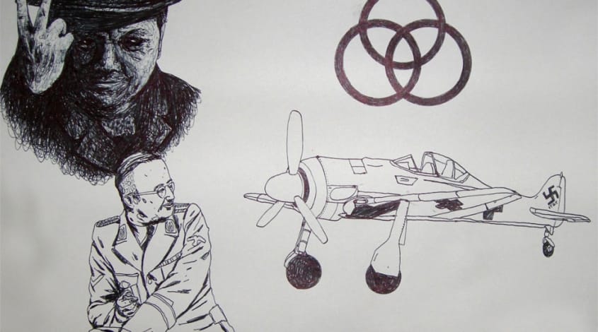 כריס גרהאם, "Corporate Holocaust Tel Aviv", רישום בעט בירו על נייר, 50X700 ס"מ. גלריה בנימין, תל-אביב