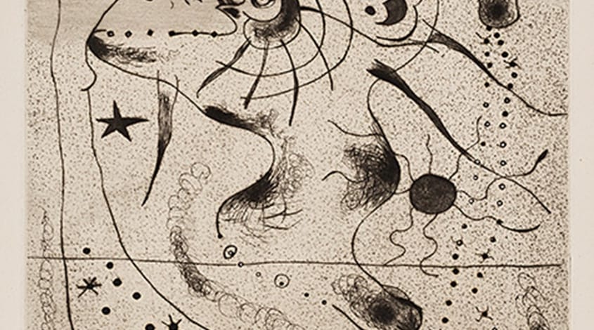 "צורות חיות", חואן מירו, מקס ארנסט, מוזיאון תל-אביב, אוצרת: אירית הדר. פתיחה: 13.11.14, נעילה: 1.2.15. מבחר הדפסים שיצר חואן מירו לספרים וכתבי-עת והאלבום של מקס ארנסט "ידיעת הטבע" (1926). בתמונה: חואן מירו, "הענק המתעורר", 1938