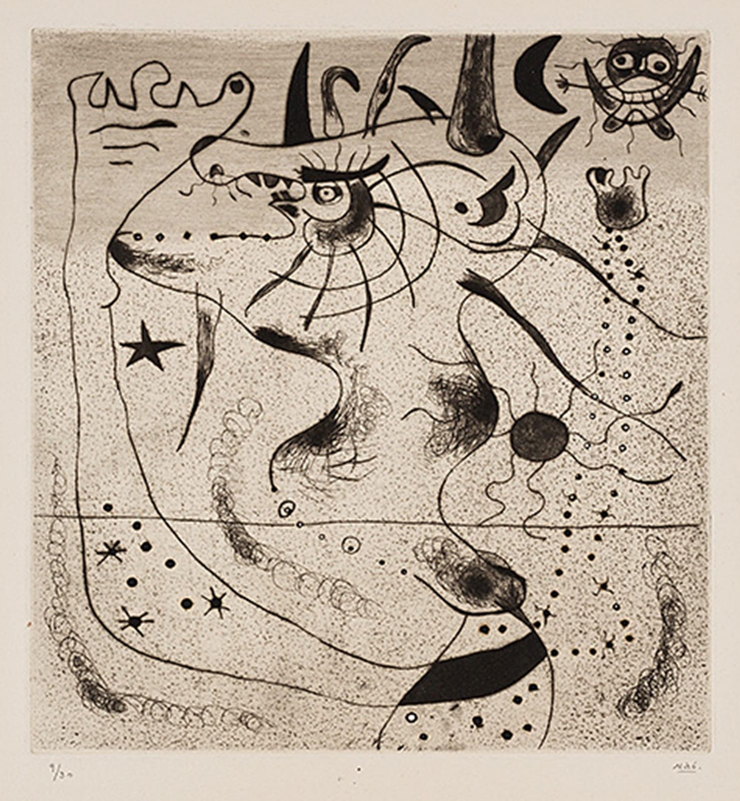 "צורות חיות", חואן מירו, מקס ארנסט, מוזיאון תל-אביב, אוצרת: אירית הדר. פתיחה: 13.11.14, נעילה: 1.2.15. מבחר הדפסים שיצר חואן מירו לספרים וכתבי-עת והאלבום של מקס ארנסט "ידיעת הטבע" (1926). בתמונות: חואן מירו, "הענק המתעורר", 1938; מקס ארנסט, "ידיעת הטבע", 1926