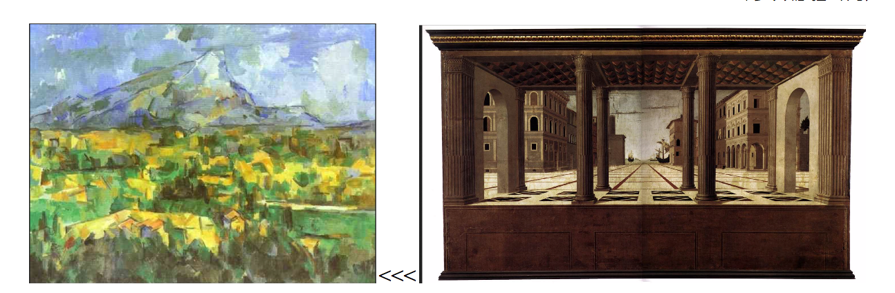 איור 2. (מימין:) מיוחס לפרנצ'סקו די ג'ורג'יו מרטיני,״העיר האידאלית״, 1477, Gemalde galerie, Berlin (משמאל:) סזאן, הר סנט-ויקטואר, 1904