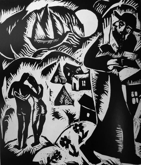 ראובן רובין - קידוש לבנה. מתוך הסדרה ״מבקשי אלוהים״. הדפס עץ 35.3/52.1 ס״מ, 1923. אוסף מוזיאון ישראל