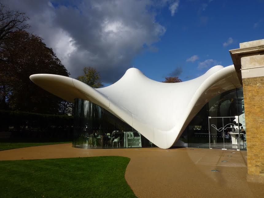 External view to The Magazine Restaurant at the Serpentine Sackler Gallery deigned by Zaha Hadid Architects Kensington Gardens Photo: Ram Ahronov