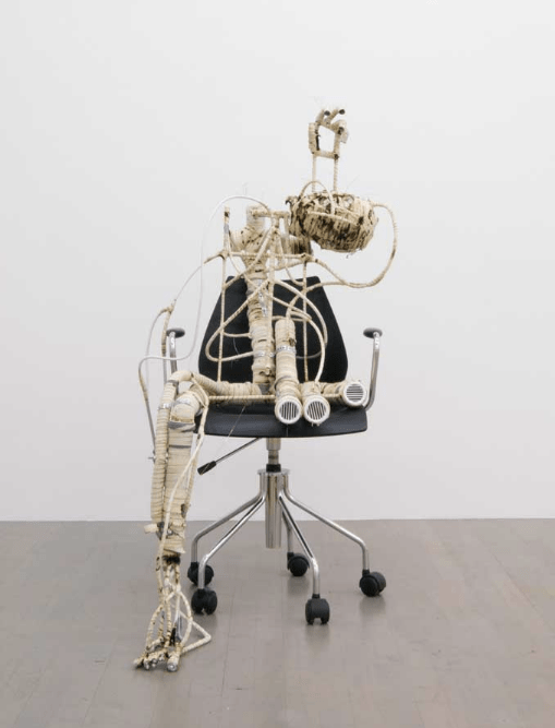 Renaud Jerez, D, 2014, PVC, aluminium, cotton, rubber, office chair, sneakers, 130 x 60 x 55 cm. Courtesy: the artist and Johan Berggren Gallery, Malmö 