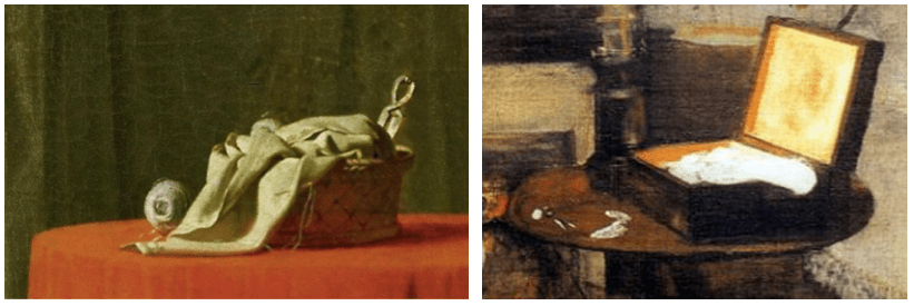 מימין: פרט מציורו של דגה, "תפנים (האונס)". משמאל: פרט מציורו של דויד, "הליקוטורים מביאים לברוטוס את גופות בניו"