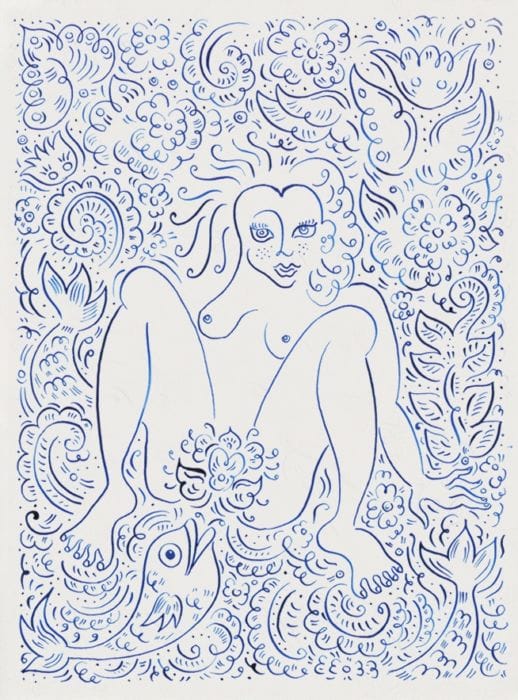 אלכסנדרה צוקרמן, "נערה ודג", דיו על נייר, 2015