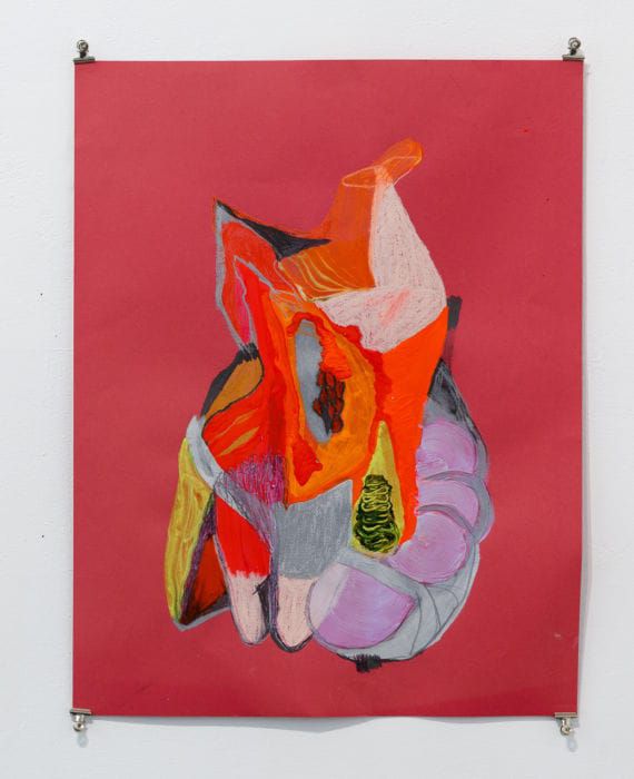 תמונה 1: נעה גינזבורג, "(Fractured Subjectivity (Die in Multi Colored fire", דיו, עפרונות צבעוניים, גרפיט, סטיק צבע שמן וצבע אקריליק על נייר, 50/30 ס"מ, 2017